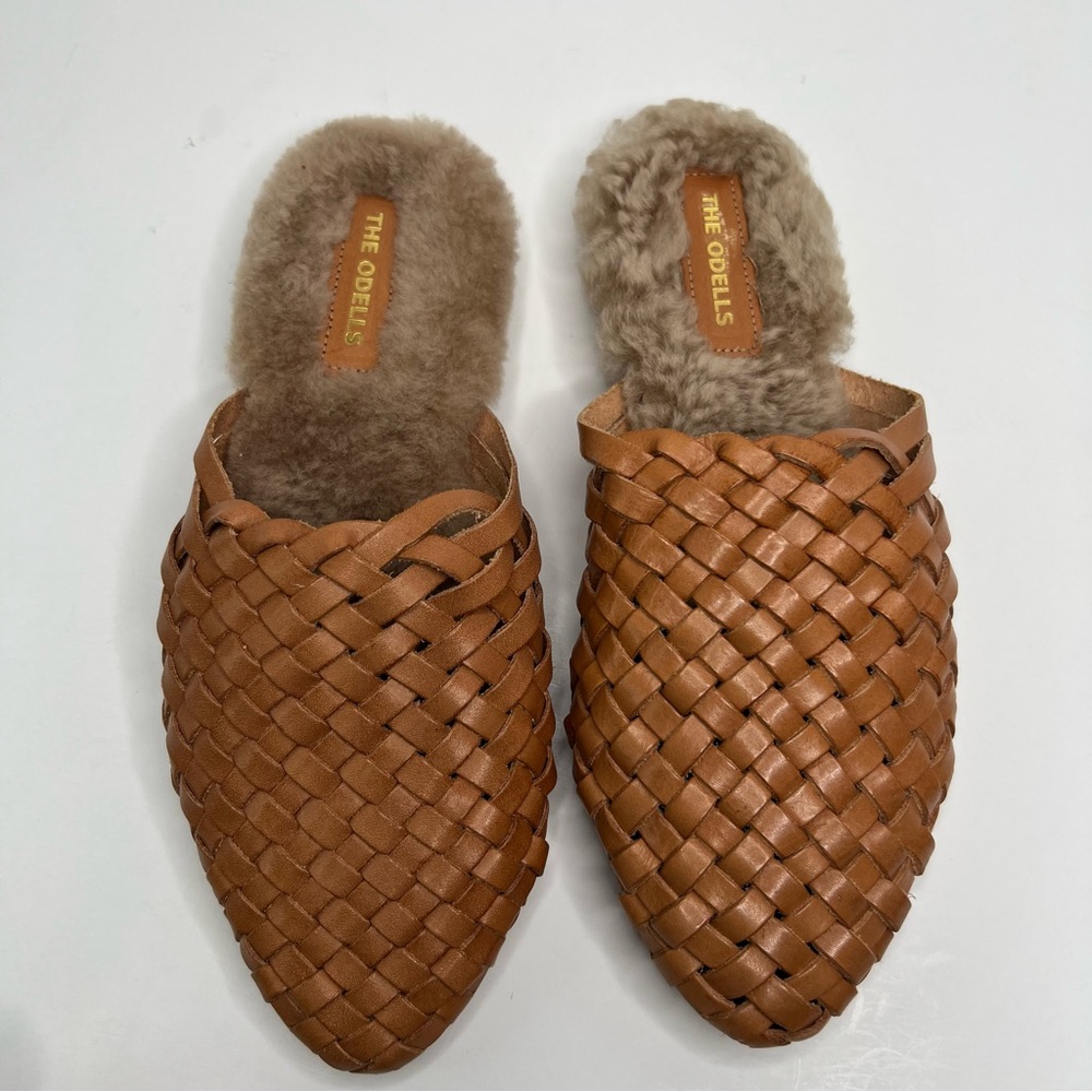 The Odells Woven Leather Mule Shearling Soles Size 9 Tan